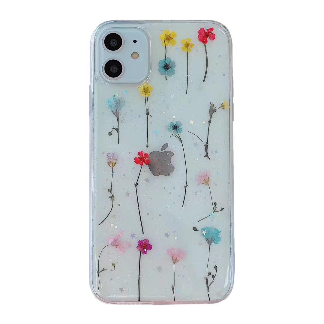 Transparent soft TPU epoxy pressed real flower glitter mobile cell phone case for iphone 11 XR